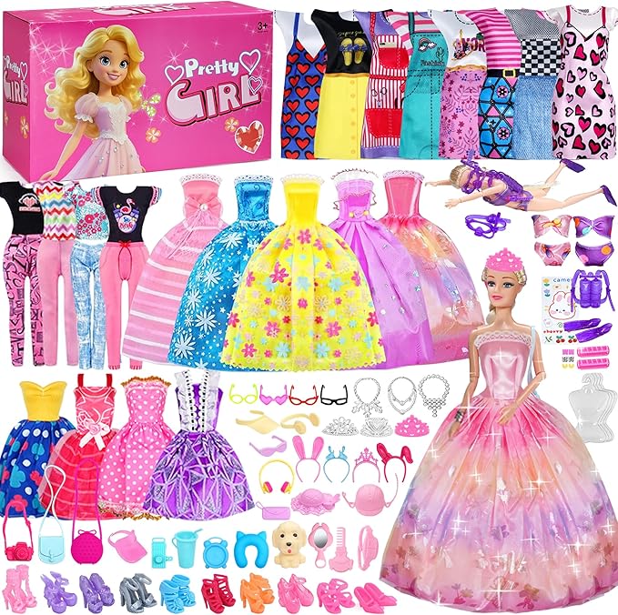 122Pcs Doll Clothes And Accessories - With Doll Sets,Fashion Pack Playset Including Wedding Gowns/Dresses/Hangers/Shoes/Outfit,Fashionista Princess Dolls Playset,Birthday Girls Gifts Age 345678