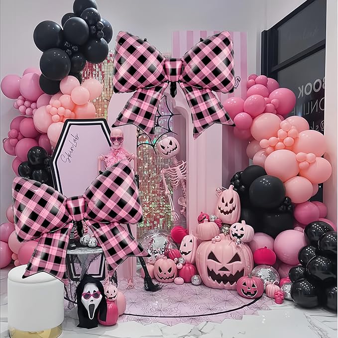 4Pcs Pink Black Gingham Bow Balloons/Sweet Sassy Y2K Party Decor/Bad Two The Bone Party/Korean Idol Demon Hunters/Little Devil Aesthetic/Bad Girl Birthday/Checkered Plaid Foil Balloon/Night Out Decor