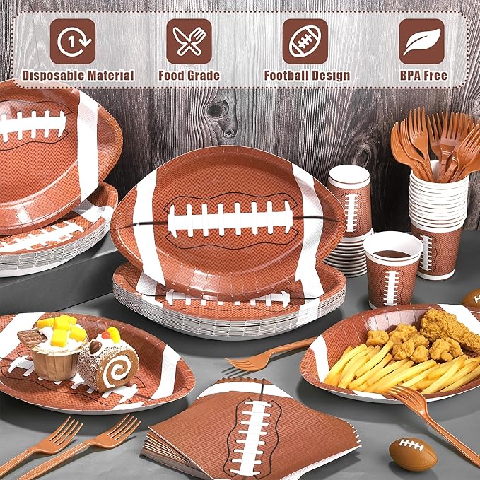 durony 144 Pieces Oval Football Theme Disposable Paper Plates Tableware Set Football Birthday Party Decorations with Plates Napkins Forks Cups Serve 24 for Sports Game Party Supplies, 11.6 x 7.9 Inch