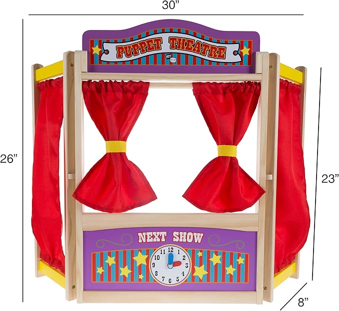 HEY! PLAY! Puppet Theater for Kids - Wooden Tabletop Toy with Curtains, Blackboard, and Clock to Inspire Imagination and Creativity in Boys and Girls