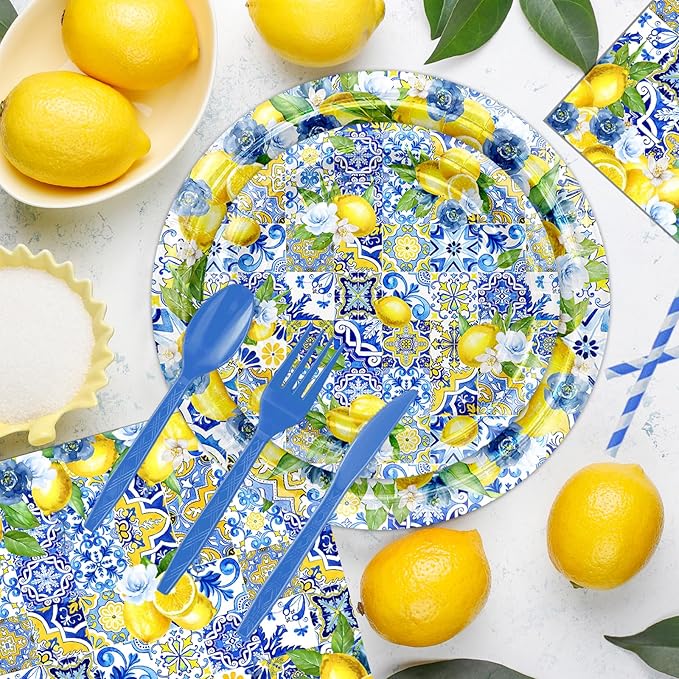 Avezano 192 Pcs She Found Her Main Squeeze Bridal Shower Decorations Capri Lemon Bridal Shower Plates and Napkins Set Lemon Baby Shower Birthday Party Supplies for 24