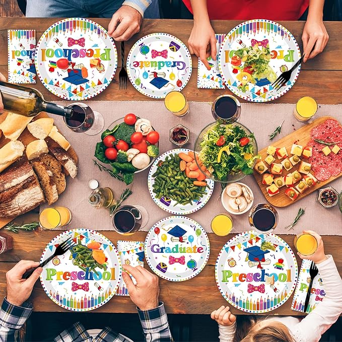 96pcs Preschool Graduation Party Plates and Napkins Set, Pre-K Grad Party Supplies Decorations Preschool Kindergarten Graduation Disposable Paper Plates for Boys Girls, Serves 24 (White)