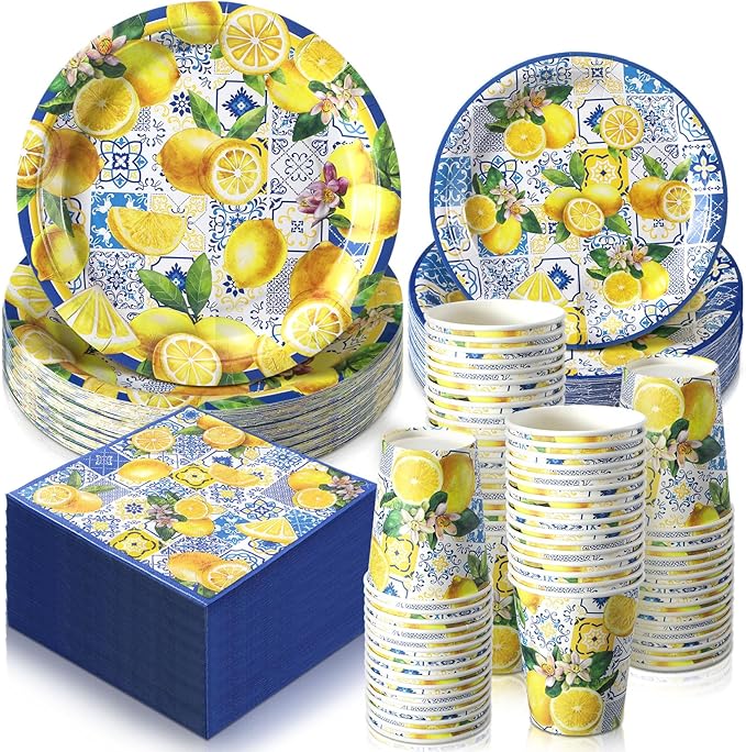 Hsei 250 Pcs Capri Lemon Plates and Napkins Party Decorations Disposable Tableware Sets Festival Birthday Party Supplies Serves 50 Guests Dinnerware Bridal Shower Party Favors