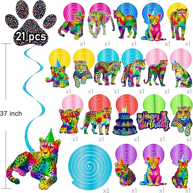 Neon Leopard Hanging Swirls Rainbow Cheetah Birthday Party Decorations 20PCS Neon Cheetah Print Ceiling Swirls Leopard Hanging Streamers for Wild Animals Party Supplies