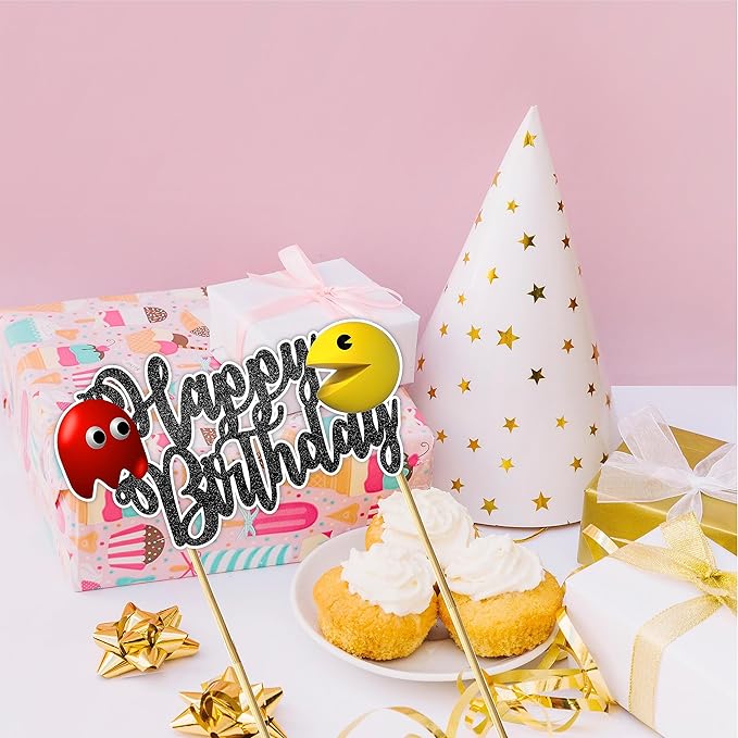 "Pacmn Ghost Happy Birthday Cake Topper – Retro Arcade Game Theme Party Decoration – Fun Gamer Birthday Cake Topper Boys, Girls, Teens, and Adults – Classic Video Game Birthday Party Supplies"