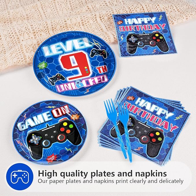 96Pcs 9th Video Game Birthday Party Decorations Blue Video Game Level 9 Birthday Plates and Napkins Tableware Sets for Kids Boys 9 Years Old Gamer Gaming Party Favors Serves 24