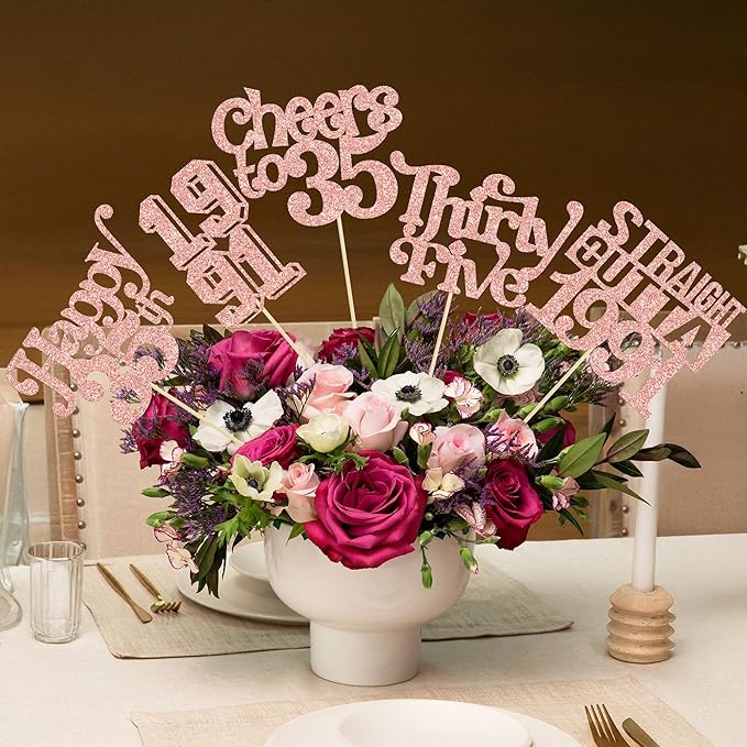 Gyufise 15Pcs Happy 35th Birthday Centerpiece Sticks Thirty Five Straight Outta 1991 Table Flower Centerpieces Sticks Cheers to 35 Decorations for 35th Birthday Party Supplies Rose Gold