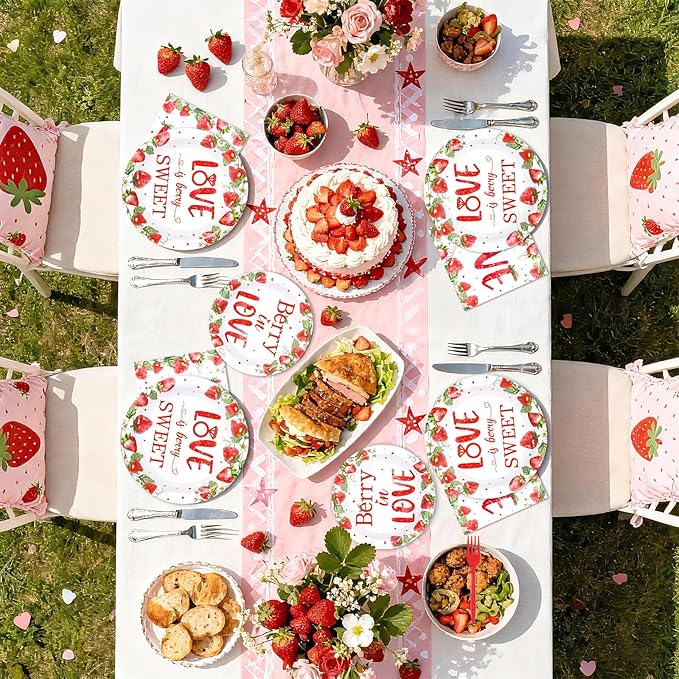 96Pcs Strawberry Bridal Shower Party Supplies Love is Berry Sweet Party Plates and Napkins Disposable Berry in Love Tableware Set for Women Bridal Shower Wedding Engagement Decorations Serves 24