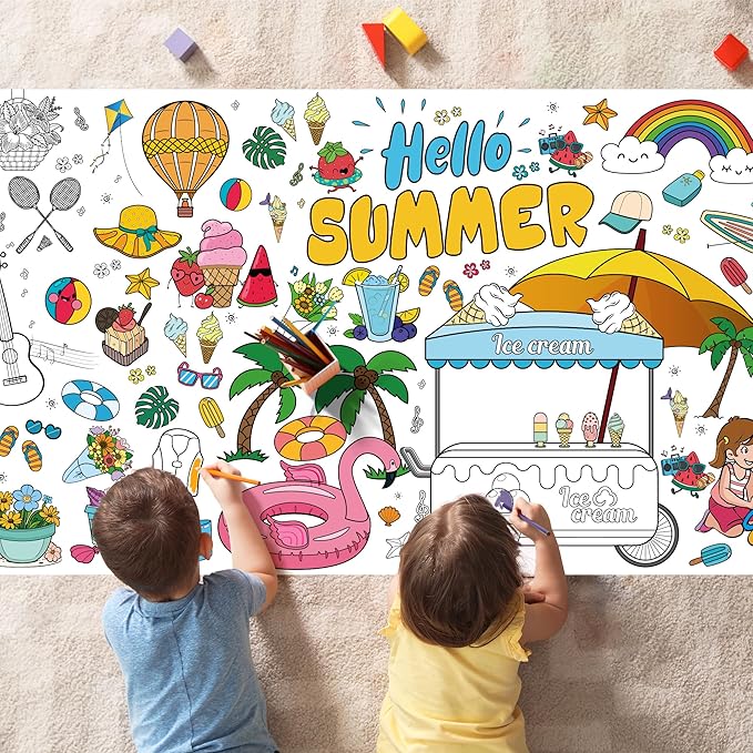 OHOME Summer Giant Coloring Poster/Tablecloth - Summer Decorations - 30 x 72 Inches Jumbo Paper Coloring Banner - Kids Crafts Gifts Toys Games Ice Cream Party Decorations - Arts Crafts Supplies
