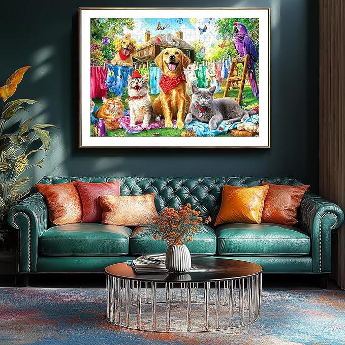 Laundry Day Pets 1000 Piece Jigsaw Puzzle for Adults - Colorful Backyard Garden Scene with Dogs, Cats & Parrot - Playful Animal Challenging & Fun Adult Puzzle - Vibrant Home Décor & Game Night Gift