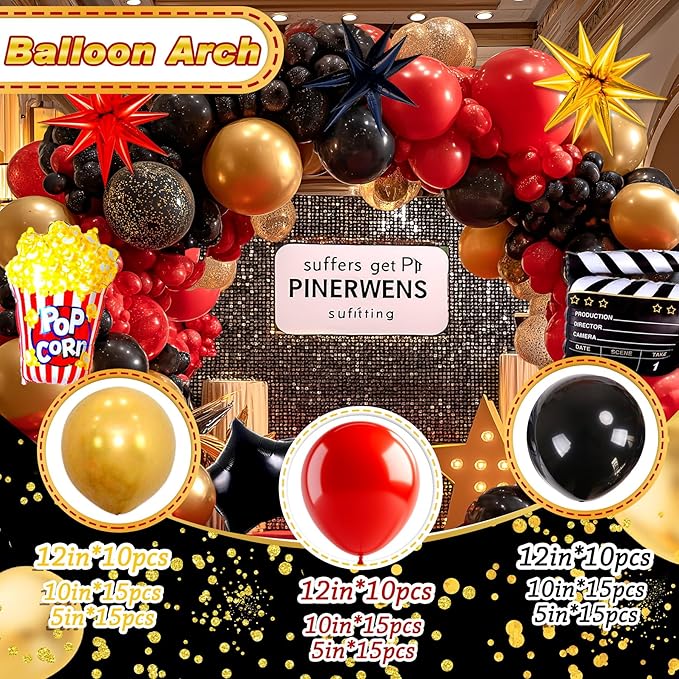 150pcs Movie Themed Birthday Party Decorations, Movie Night Birthday Decorations, Movie Theater Bday Decor Balloons Arch, Now Showing Popcorn Concessions Banner, Foil Balloons