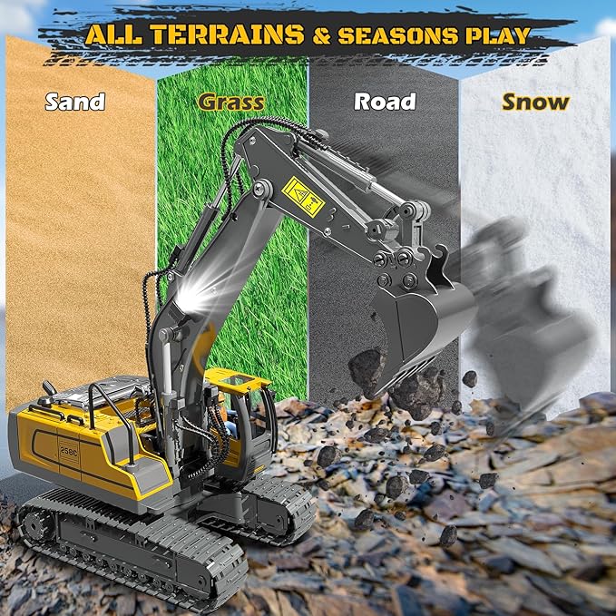 Remote Control Excavator Toy RC Play Excavator Construction Vehicles, 11CH 2.4Ghz RC Sand Digger with Metal Shovel & Light, Construction Truck Toys for Boys 3 4 5 6 7 8-12 Year Old Kids Birthday Gifts