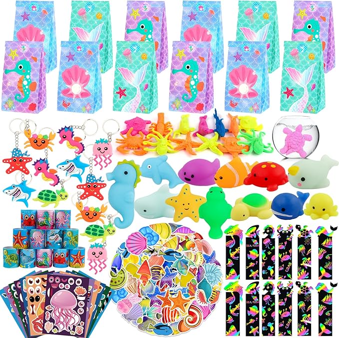 Under Sea Party Favors, 134 Pcs Ocean Birthday Party Supplies - Ocean Sea Animal Toys, Scratch Art Set, Grow In Water Animals for Under Sea Party Decorations, Goodie Bag Stuffers