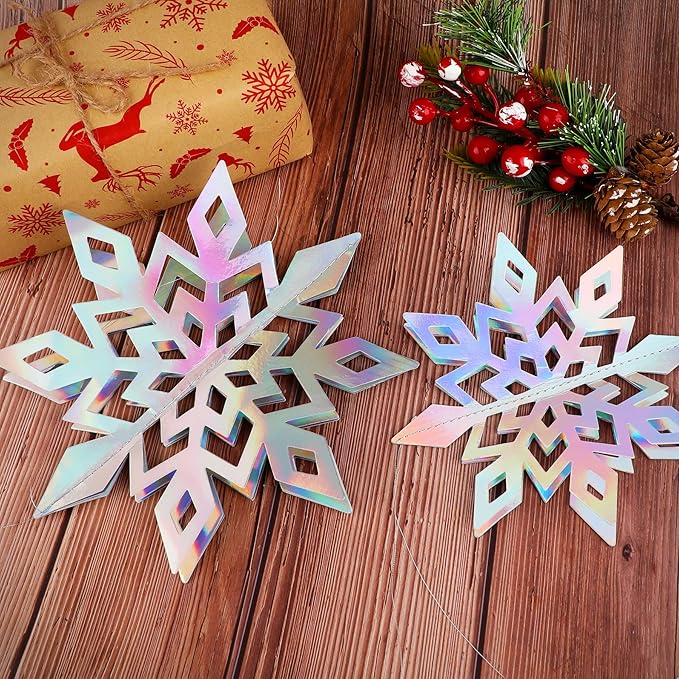 JULMELON 15Pcs Frozen 3D Hanging Snowflakes Decorations, Holographic Snowflakes Garland Silver Snowflakes for Winter Wonderland Decorations Frozen Birthday Party Supplies