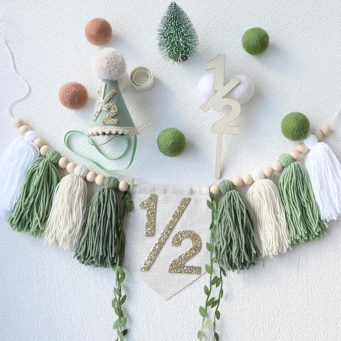 1/2 Birthday High Chair Banner For Half Way To One Party Decorations Wood Bead Tassel Garland Green Crown Hat Wooden Cake Topper Happy Half Year Party Photoshoot Props