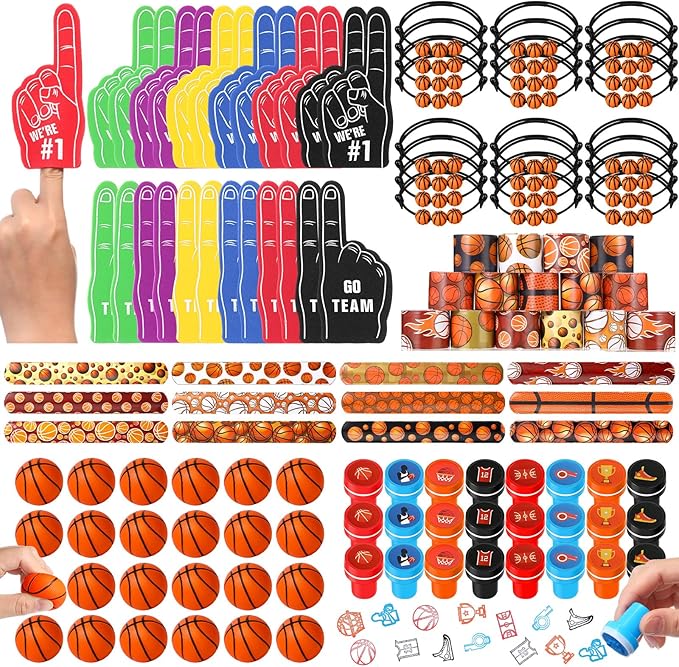 Aoriher 120 Pcs Basketball Sports Party Favors Set Serve 24, Basketball Goodie Bulk Foam Finger Mini Stress Ball Slap Bracelet Charm Bracelet Stamp for Girl Boy Kids Party Supplies