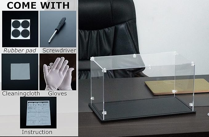 Acrylic Display Case 15x8x8 Inch Cube- 3mm Thick Acrylic Display Box with Black Wooden Base, Assemble Dustproof Showcase Clear Display Case for Collectibles Figures Doll Toys Models Cars