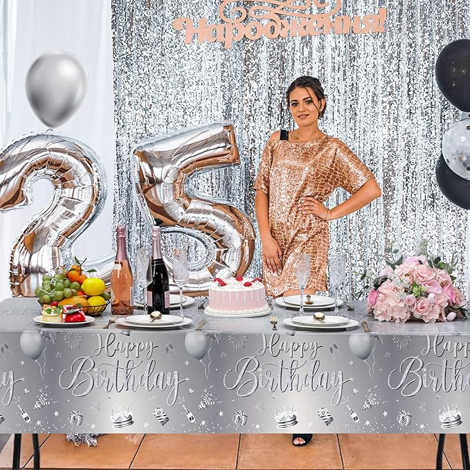 Tudomro 3 Pcs Happy Birthday Tablecloths Happy Birthday Party Decorations Plastic Table Cover Rectangular Cloths for Women Men Baby Shower Party Supplies, 108 x 54 Inch (Silver)