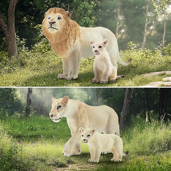 Toymany 6PCS White Lion Figurines with Lion Cubs, 2-5" Wild Life Jungle Animals Figures Realistic Family Set Includes Baby Lions, Educational Toy Cake Toppers Easter Birthday Present for Kids