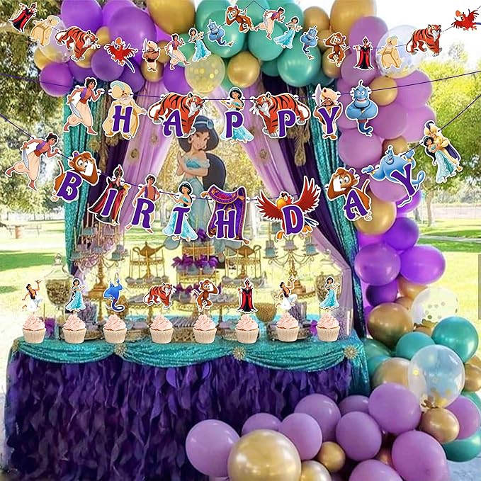 Aladn Theme Party Decorations - Arabian Princess Birthday Decor, Magic Lamp Genie Inspired Party Supplies, Desert Palace Theme Birthday Banner, Cake Topper & Dessert Table Decorations