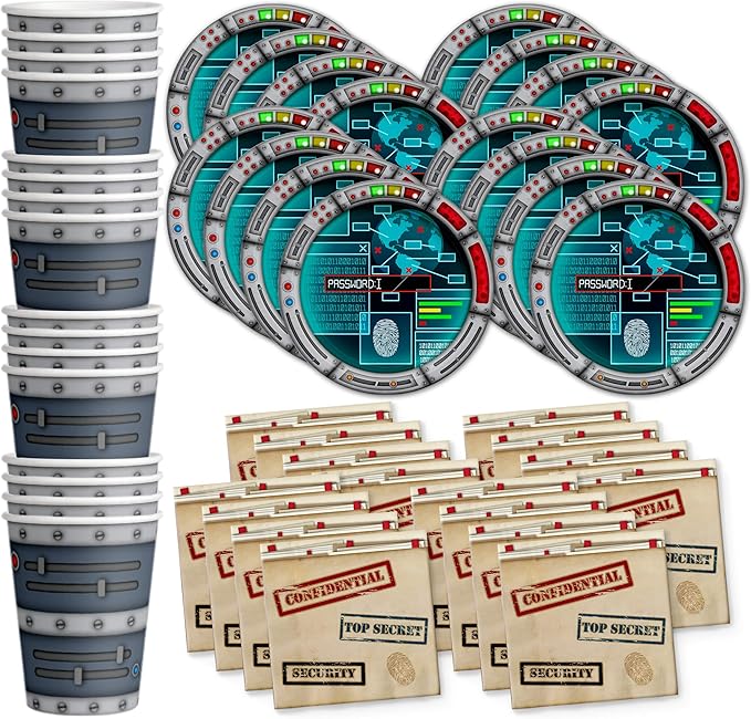 Secret Agent Top Secret Spy Birthday Party Supplies Set Plates Napkins Cups Tableware Kit for 16