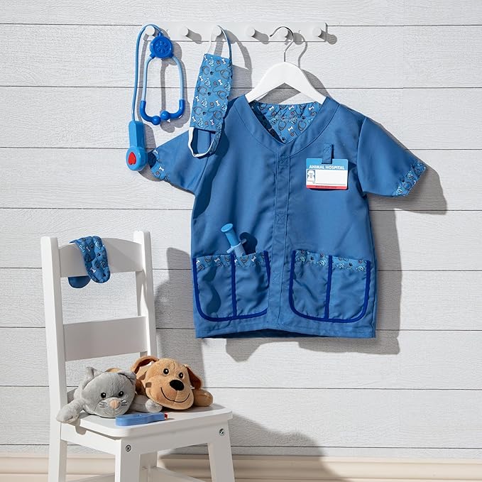 Melissa & Doug Veterinarian Role Play Costume Dress-Up Set, Kids Vet Pretend Play Outfit with Plush Dog, Electronic Stethoscope & Animal Doctor Toys for Kids 3+
