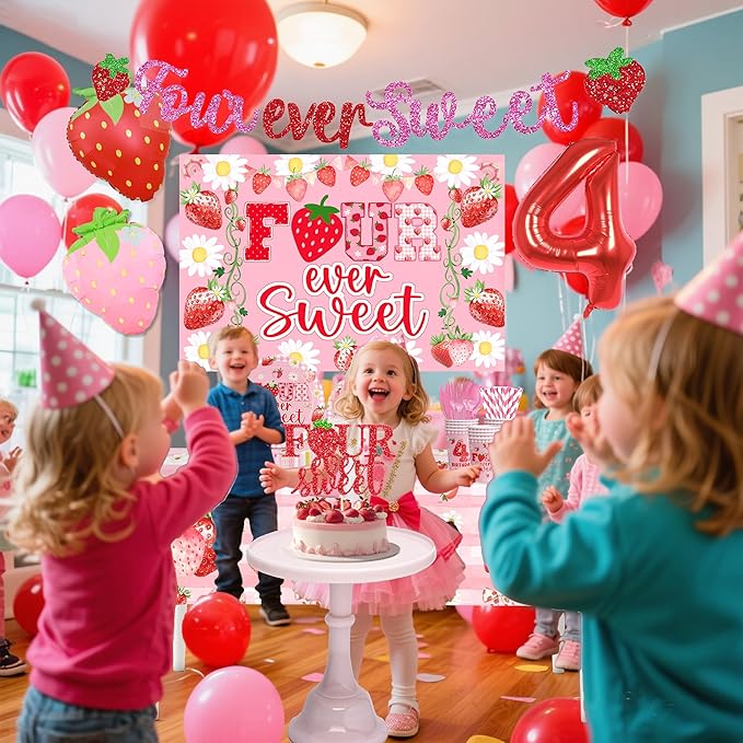 Strawberry 4th Birthday Decorations, 4th Birthday Party Decorations,Four Ever Sweet Party Supplies for include Tableware Set Plates and Napkins Balloon Backdrop Tablecloth Serve 20