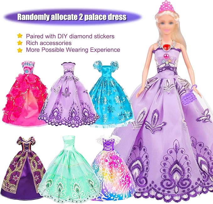 iBayda 92pcs 11.5 inch Girl Doll with Clothes Accessories and Closet Set Including Long Princess Dress Outfits Shoes Handbags Necklaces DIY Bead Stickers for Design Kit Girl Doll Dress Up