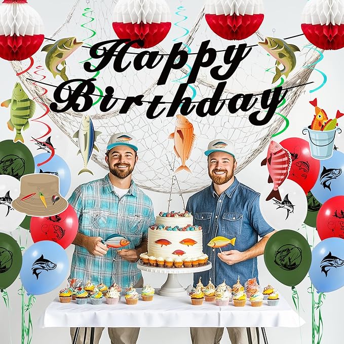Gone Fishing Party Decorations Kit Include Hanging Banner Swirl Balloons (Happy Birthday)