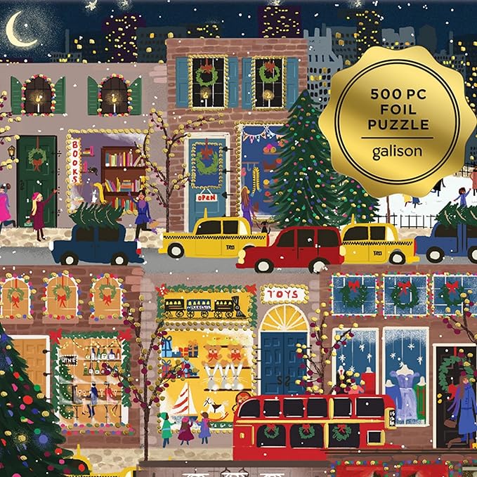 Galison Winter Lights Foil Puzzle, 500 Pieces, 20” x 20” – Holiday Jigsaw Puzzle Featuring a Festive City Scene by Joy Laforme – Thick, Sturdy Pieces, Challenging Family Activity, Great Gift Idea