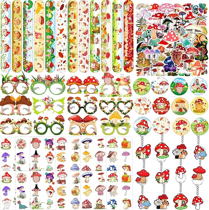 110PCS Mushroom Party Favors Mushroom Themed Slap Bracelet Stickers Tattoos, Keychain, Button Pins, Eyeglasses, Whimsical Woodland Forest Party Supplies Decorations for Garden Fairy