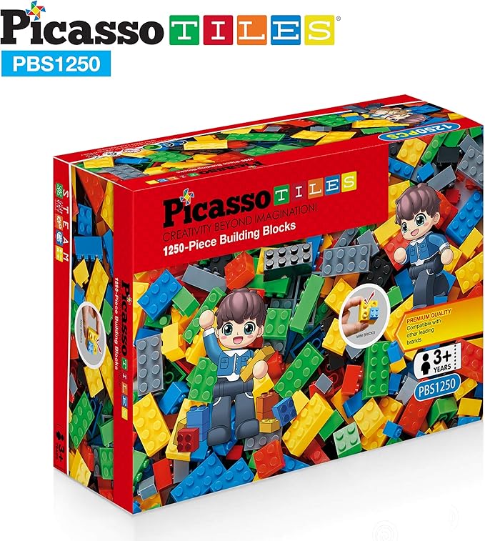 PicassoTiles 1250 PCs Educational Building Block Bricks Tile Set Creative Shapes to Enhance Imaginative Play Unique Set to Characters Learning STEM Toys Washable for Learning Education Ages 3+ PBS1250
