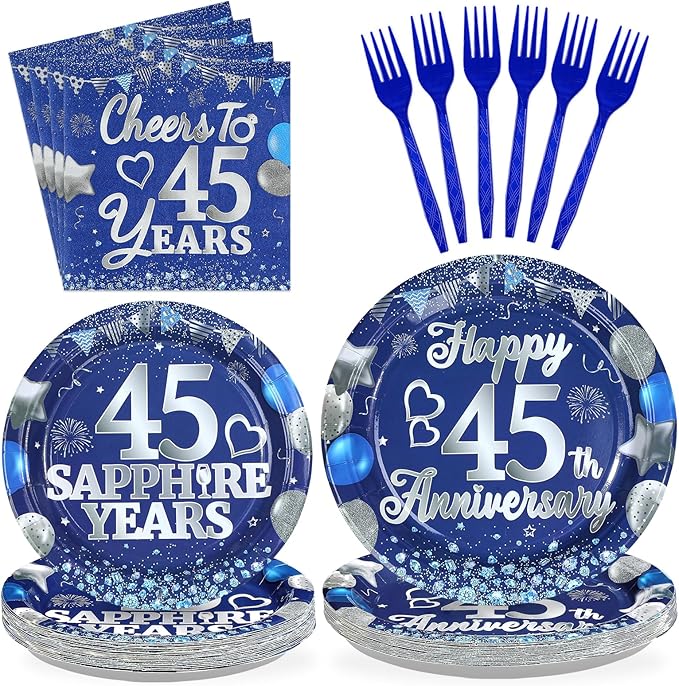 96Pcs 45th Anniversary Decorations Blue Sapphire 45th Wedding Plates and Napkins Cheers to 45 Years Tableware Sets for 45 Birthday Anniversary Party Supplies,Serves 24