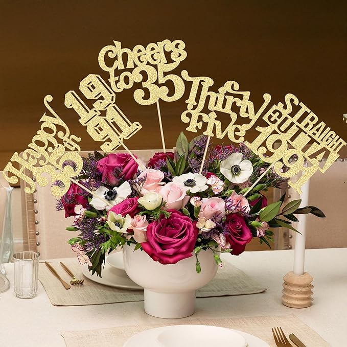 Gyufise 15Pcs Happy 35th Birthday Centerpiece Sticks Thirty Five Straight Outta 1991 Table Flower Centerpieces Sticks Cheers to 35 Decorations for 35th Birthday Party Supplies Gold