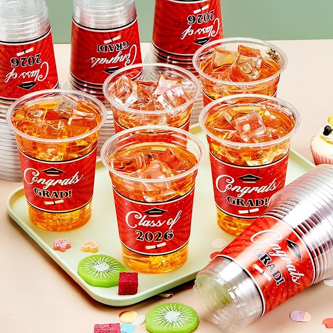 JOYIN 100 Pcs 16oz Graduation Party Plastic Cups (Red), Grad Disposable Cups for Class of 2026 Graduates, PET Cup Tableware Bulk for 2026 High School College Graduation Grad School Party Supply Decor