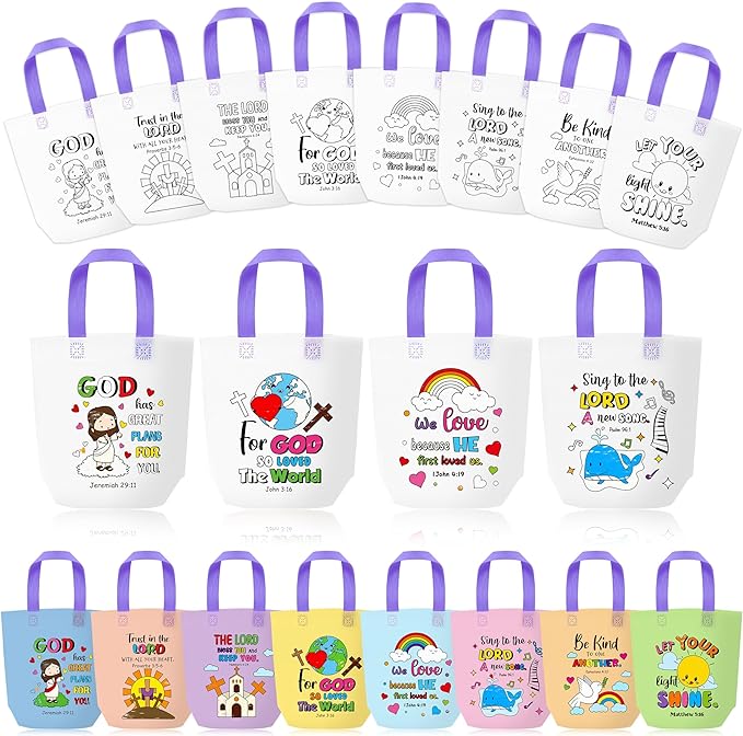 Cartoon Coloring Goodie Bags for Kids - 24Pcs Easter Religious Theme Bulk Color Your Own Gift Bags with Handle Christian Bible Reusable Non Woven Coloring Tote Packet for DIY Crafts Easter Party Favor