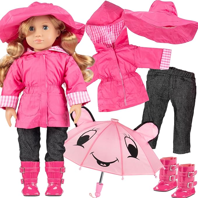 6pc Spring Rainy Day 18" Doll Outfit- Compatible with American Girl- Premium Clothes & Accessories Set Includes Raincoat, Working Umbrella, Rain Boots, Hat, Pants & Shirt- Easter Basket Stuffer