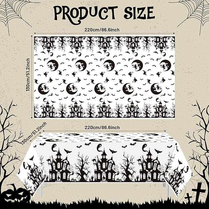 Halloween Haunted House Tablecover - 3 Pack 86 * 51inch Disposable Waterproof Rectangle Plastic Covers, Creepy Gothic Print for Halloween Parties, Kids’ Birthdays, Picnics & Camping Decor