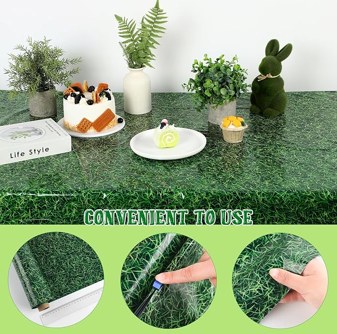 Kochorie 54 Inch x 100 Ft Grass Plastic Table Cloth Roll Disposable Waterproof Football Field Table Cover Plastic Table Cover Roll with Easy Slide Cutter for Jungle Party/Sport/Outdoor Picnic