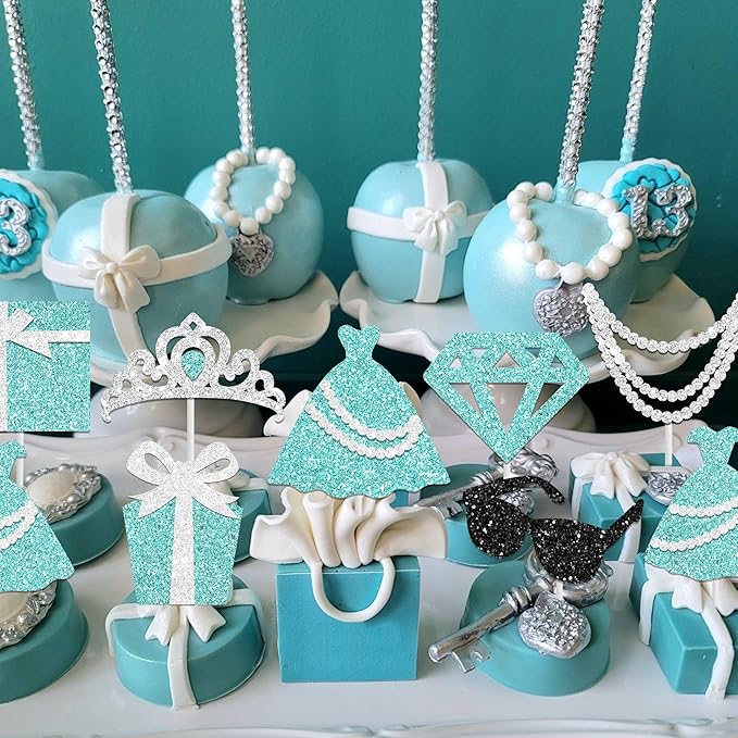 Breakfast Blue Cupcake Topper Teal Blue and Silver Bow Birthday Cupcake Pick 24Pcs Glitter Diamond Princess Cake Decorations for Teal Blue Bridal Shower Wedding Party Supplies