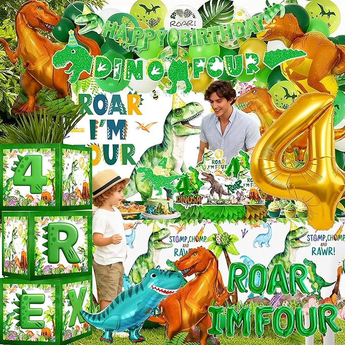 Roar I Am Four Dino 4 Birthday Party Decorations for Boys – Four Rex Themed 4th Birthday Kit Including Banner Backdrop, Tablecloths, Balloon ，Crown And Boxes For 4 Rex Party Supplies