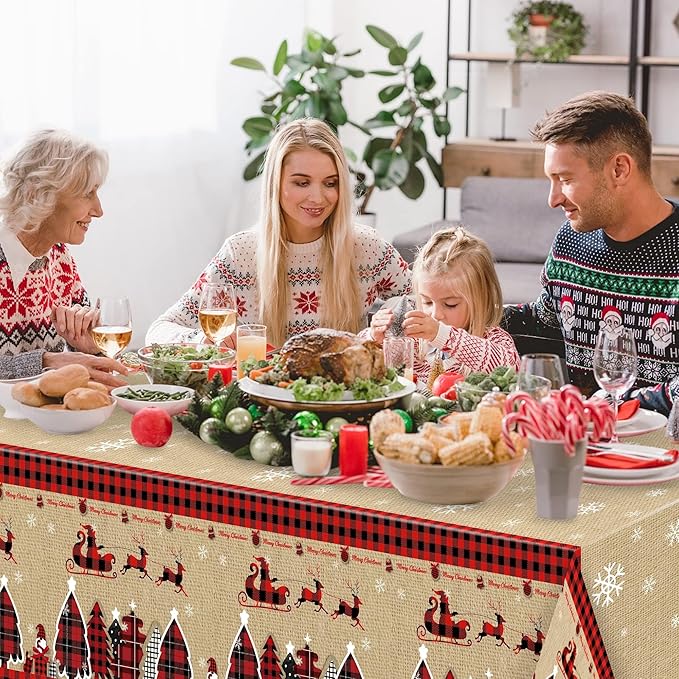 Christmas Plastic Table Cover - 3 Pack Merry Christmas Buffalo Plaid Disposable Waterproof Plastic Rectangle Xmas Table Cloth Winter Holiday Party Picnic Decoration Supplies Indoor Outdoor