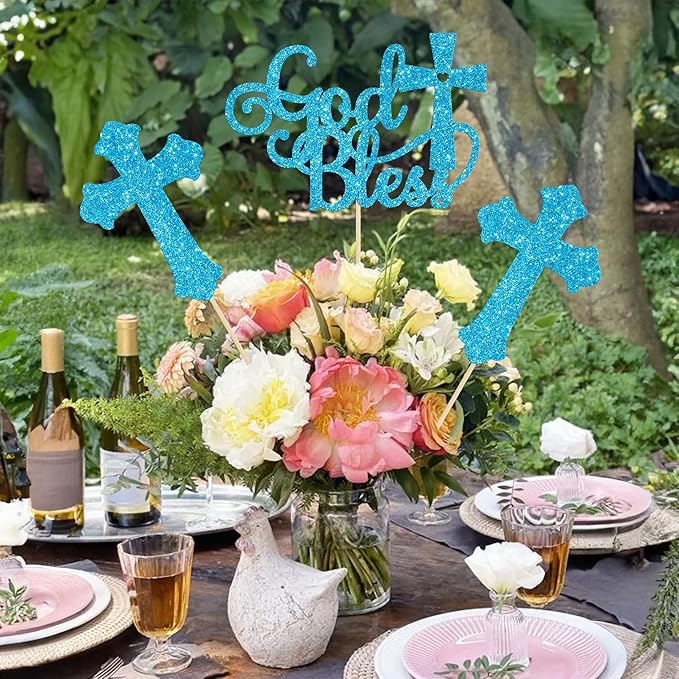 Gyufise 12Pcs God Bless and Cross Centerpiece Sticks Double Sided Cross God Bless Table Flower Centerpieces Sticks First Communion Baptism Decorations for God Bless Theme Party Supplies Blue