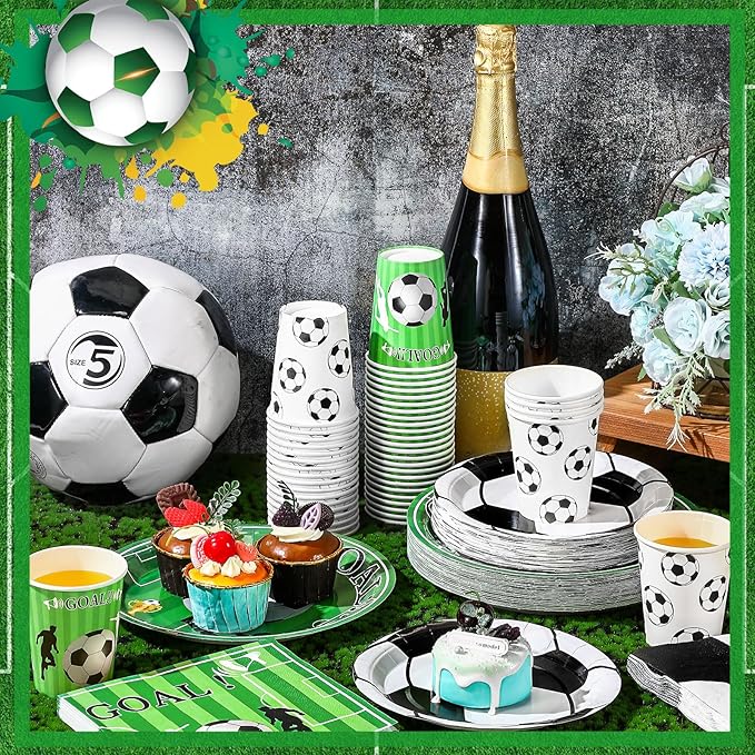 Domensi 200 Pcs Soccer Birthday Party Supplies for 50 Guests Includes 7 Inch 9 Inch Soccer Paper Plate 9 oz Disposable Cups and Napkins for Soccer Party Tableware Set
