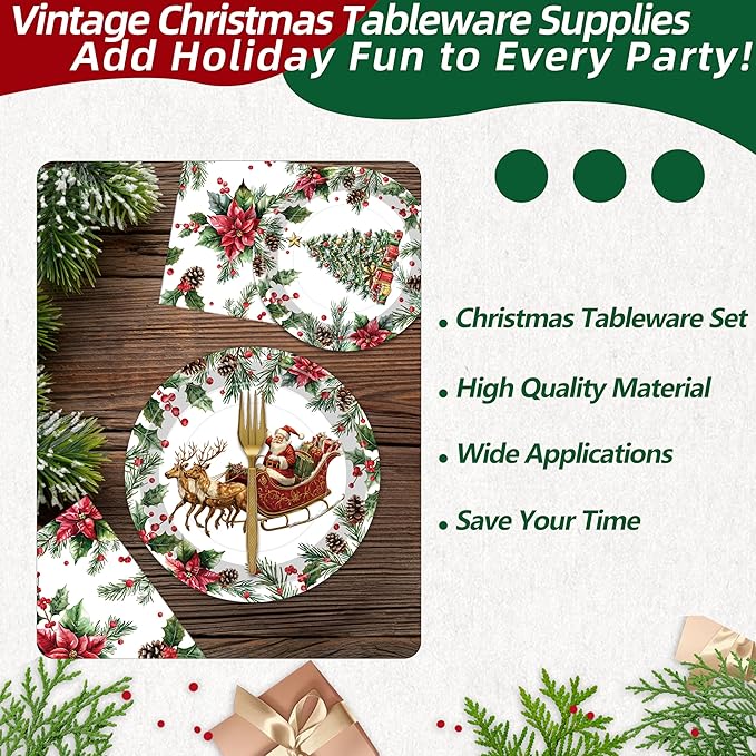 100 Pcs Vintage Christmas Tableware Party Supplies, Serves 25, Disposable Retro Santa Sleigh and Tree Paper Plates, Napkins, and Forks, Holiday Dinner, Winter Wonderland, Xmas Party Decorations