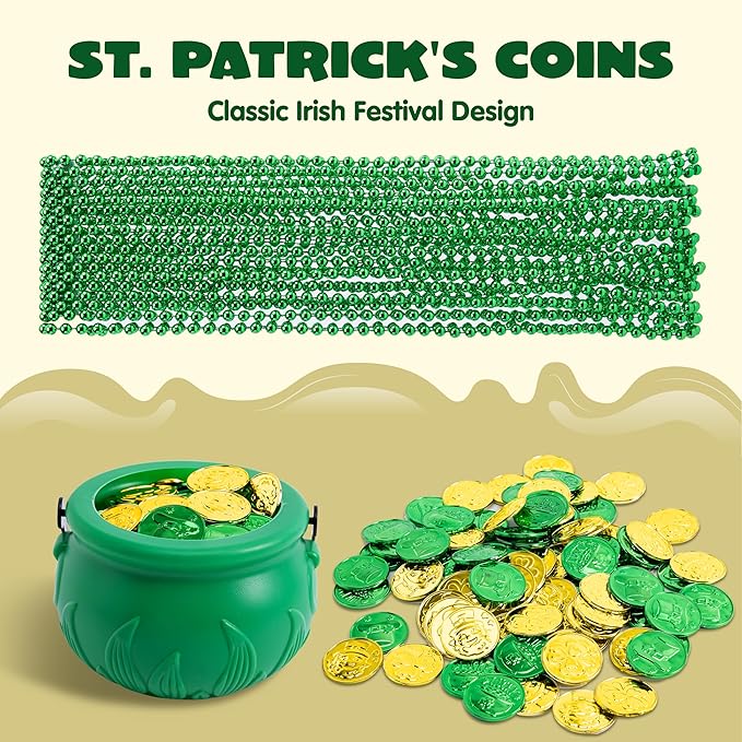 JOYIN 119 Pcs St. Patrick’s Party Supplies Set, 18 Bead Necklaces, 100 Plastic Coins and 1 Cauldron, St Patrick’s Day Party Favor Supply (Green Cauldron, Bead Necklace, Green and Gold Coins)