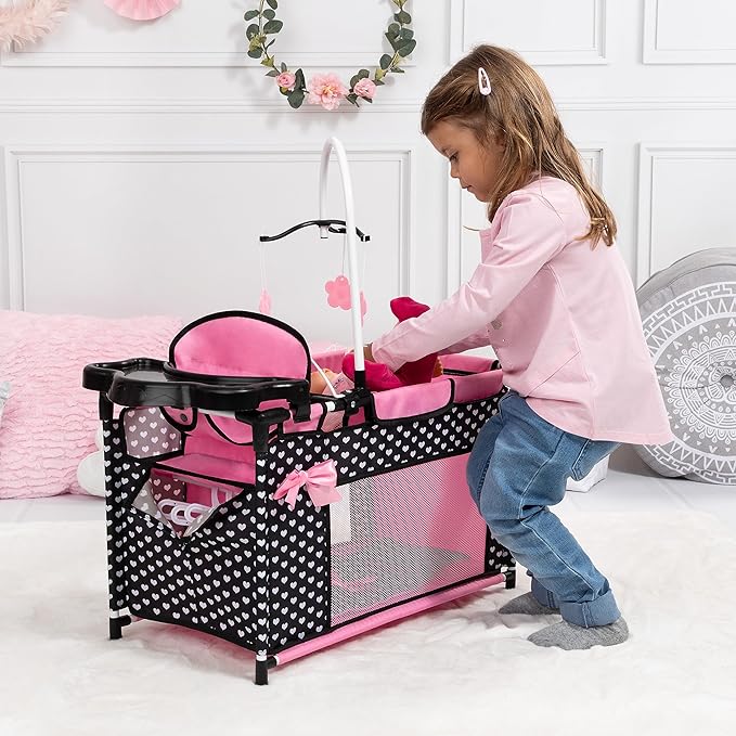 Bayer: Multi Bed - Black, Pink, Hearts - Accessory Set for Dolls Up to 18", Built-in High Chair, 3 Hangers, Pillow, Blanket, Kids Ages 3+
