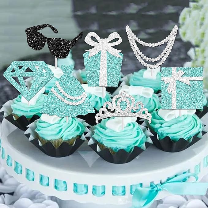 Breakfast Blue Cupcake Topper Teal Blue and Silver Bow Birthday Cupcake Pick 24Pcs Glitter Diamond Princess Cake Decorations for Teal Blue Bridal Shower Wedding Party Supplies