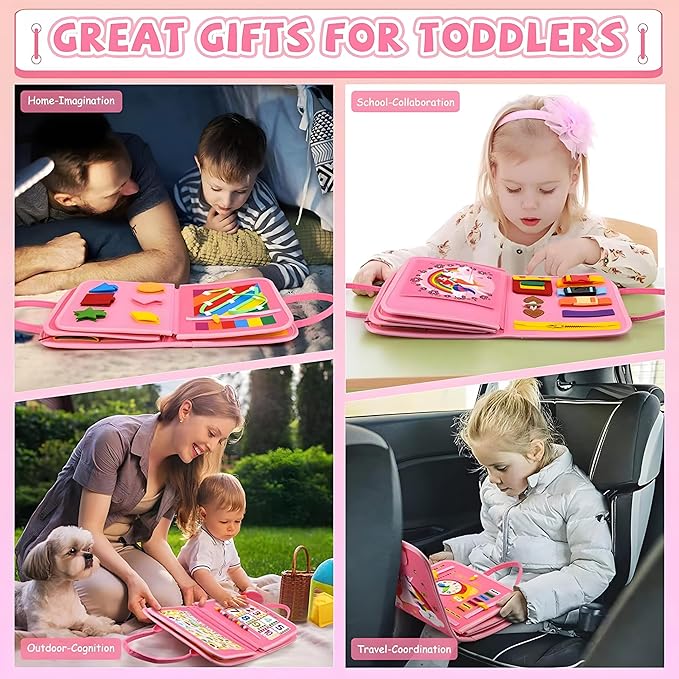 Busy Board for Toddlers 1-3 Sensory Busy Book for 1+ Year Old Boys Girls Montessori Learning Activity Books Birthday Christmas Toddler Gift (Pink)
