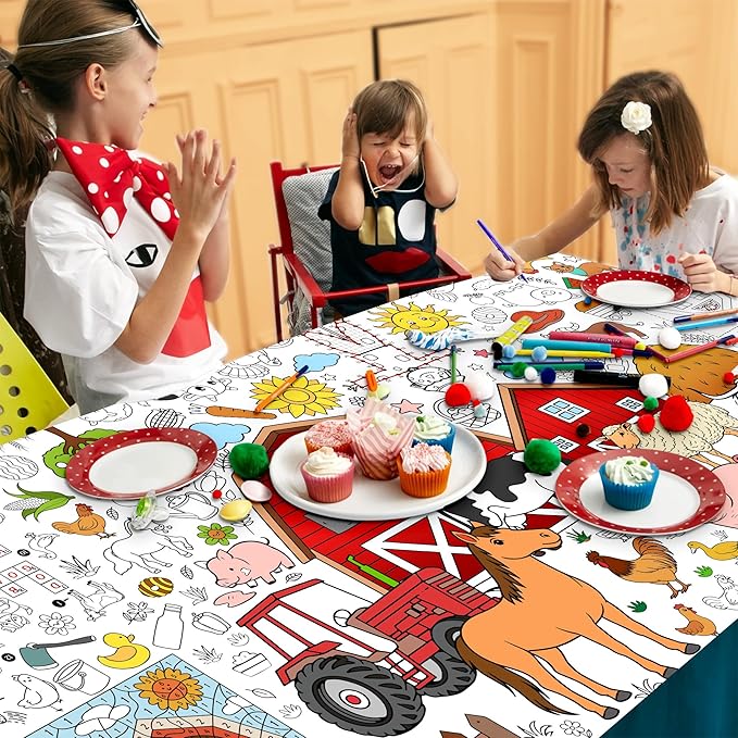 Farm Coloring Tablecloth for Kids, Giant 30x72 Inch Poster with Barns, Tractors, Animals, Perfect for Farm Party Games, Country Decorations, Classroom Activities, Event Supplies